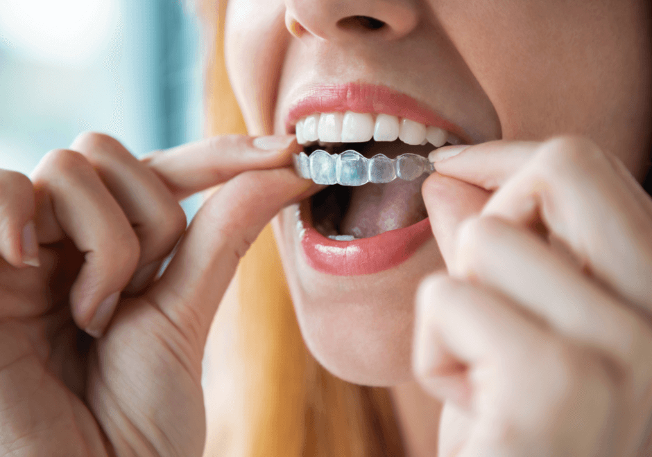 Woman putting Invisalign braces into mouth at Crescent Lodge Dental Practice in Clapham