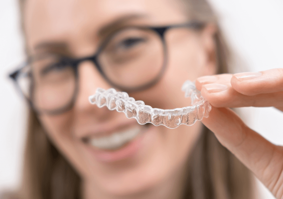 woman holding Invisalign clear braces at Crescent Lodge Dental Practice in Clapham Common